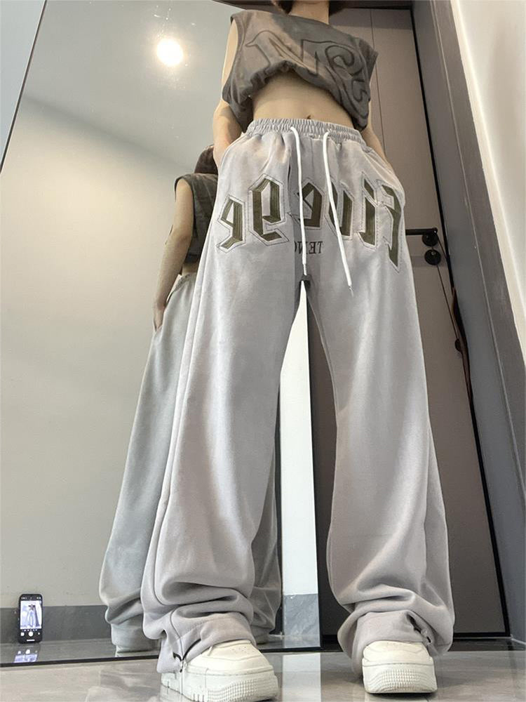 Casual And Comfortable Suede Embroidered Sweatpants Gray