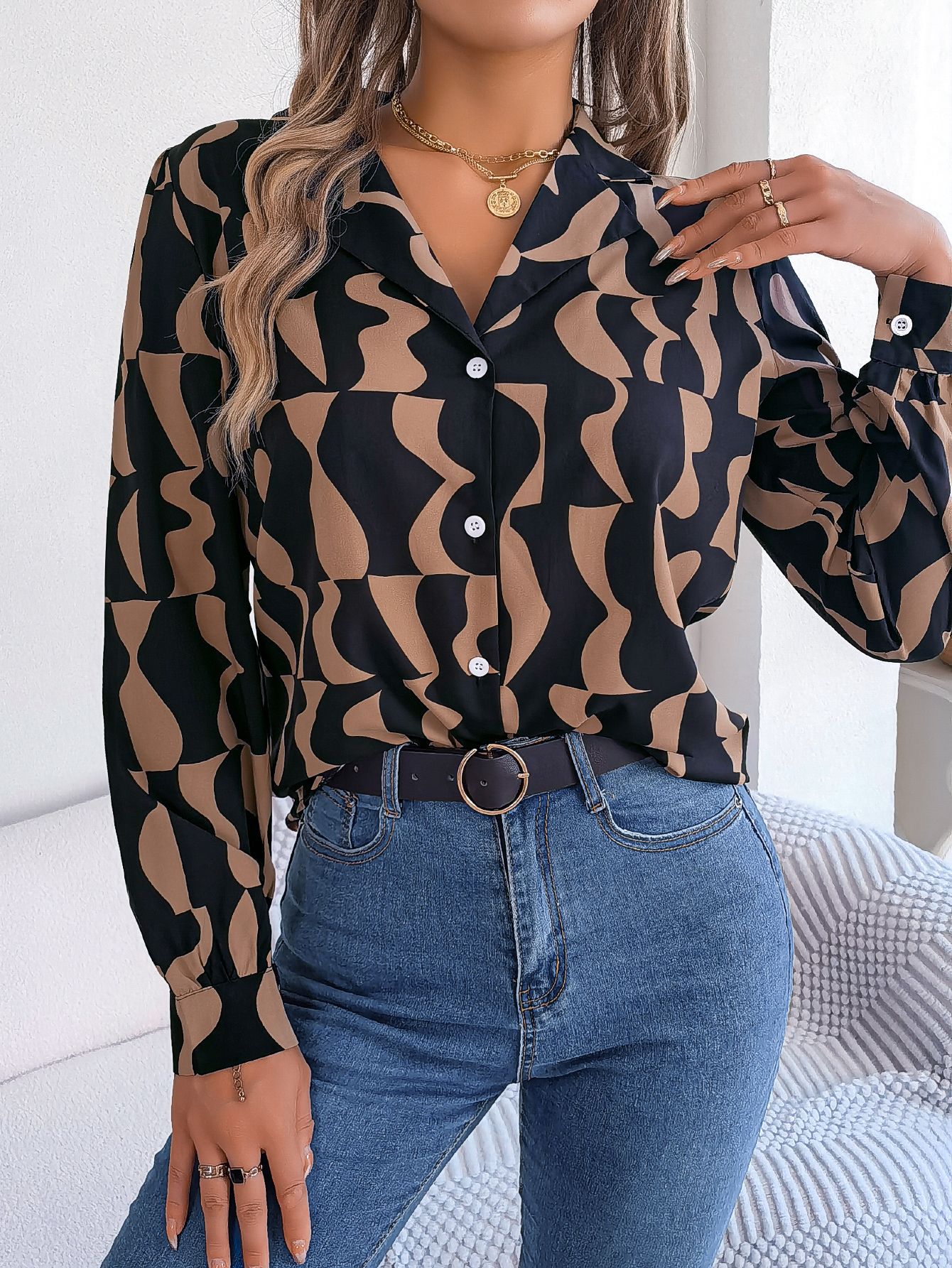 Women's Office Elegant Color Block Stripe Notched Lapel Long Sleeve Shirt