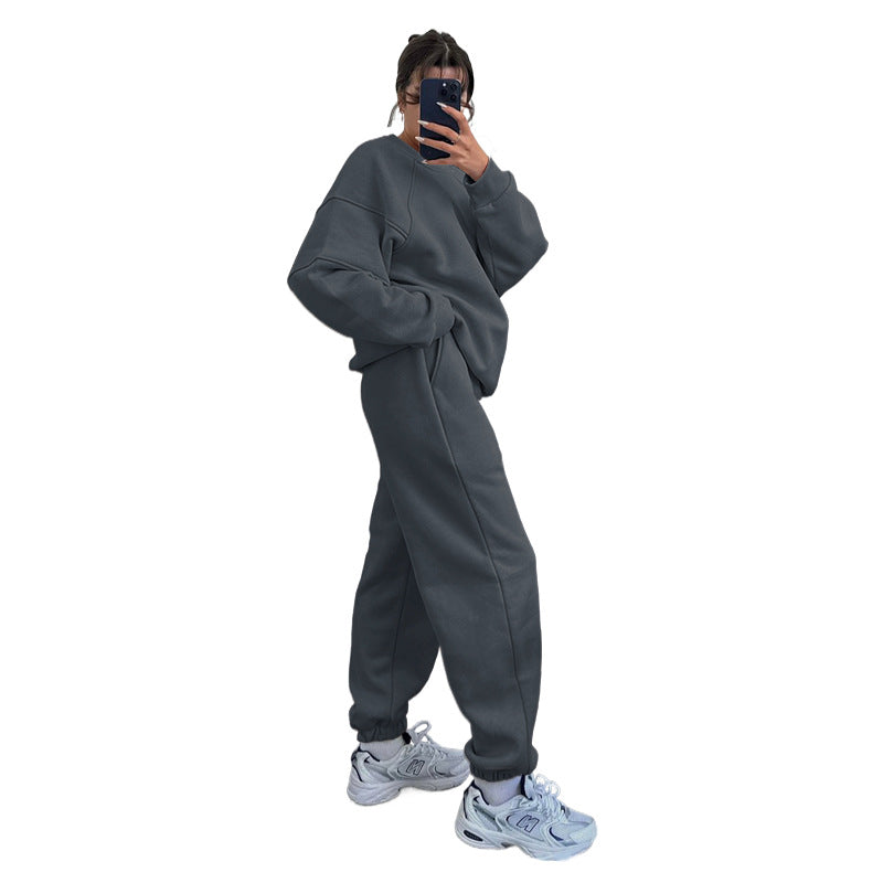 Solid Color Round Neck Long Sleeve Sweatshirt Women's Fashion Casual Loose Pants Suit