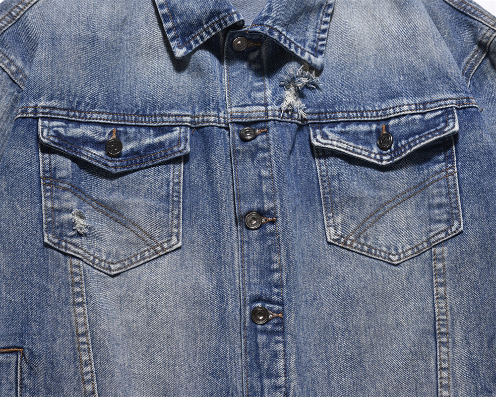 Spring And Autumn Denim Jacket Men's Washed Wear-White Ripped