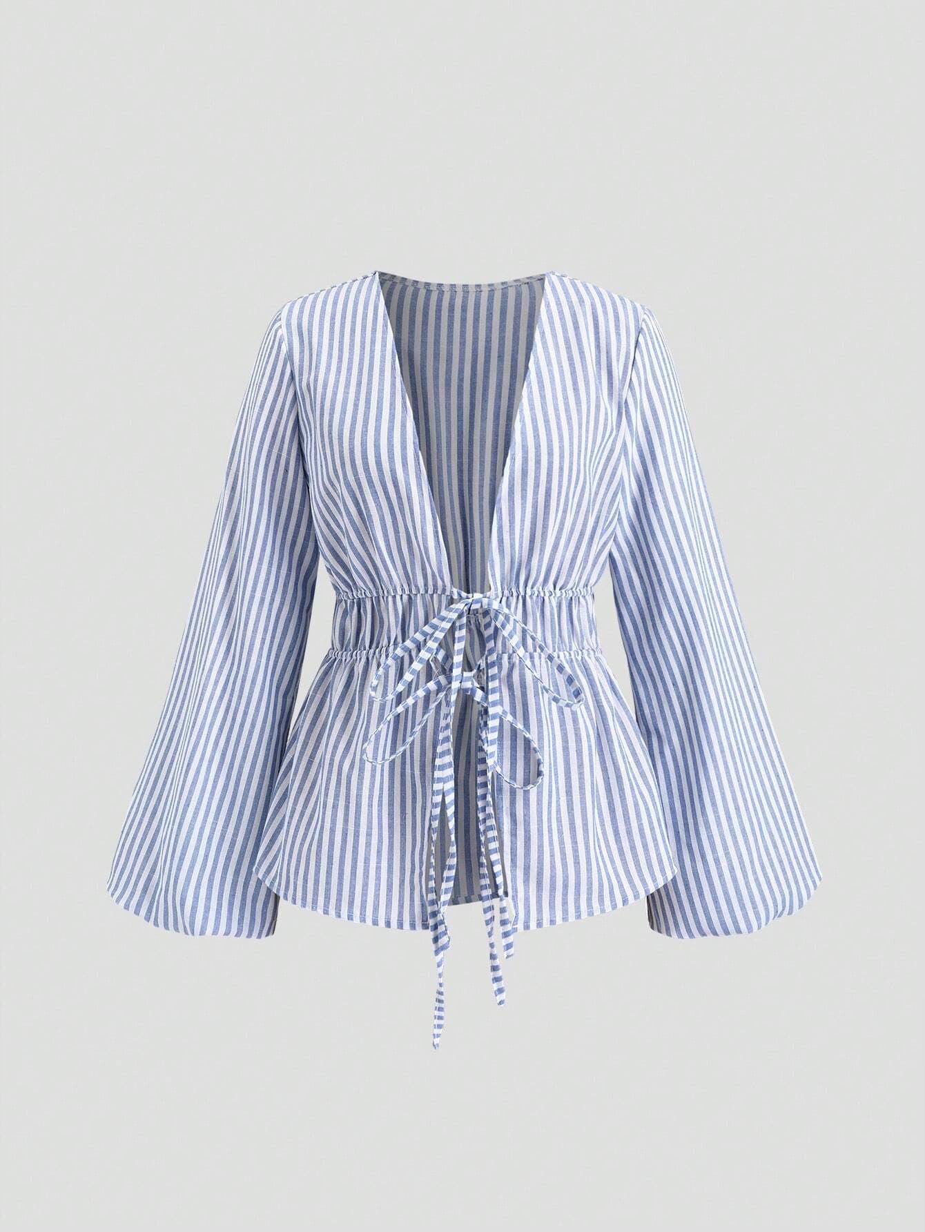 Women's Bow Lace-up Striped Top Casual Coat