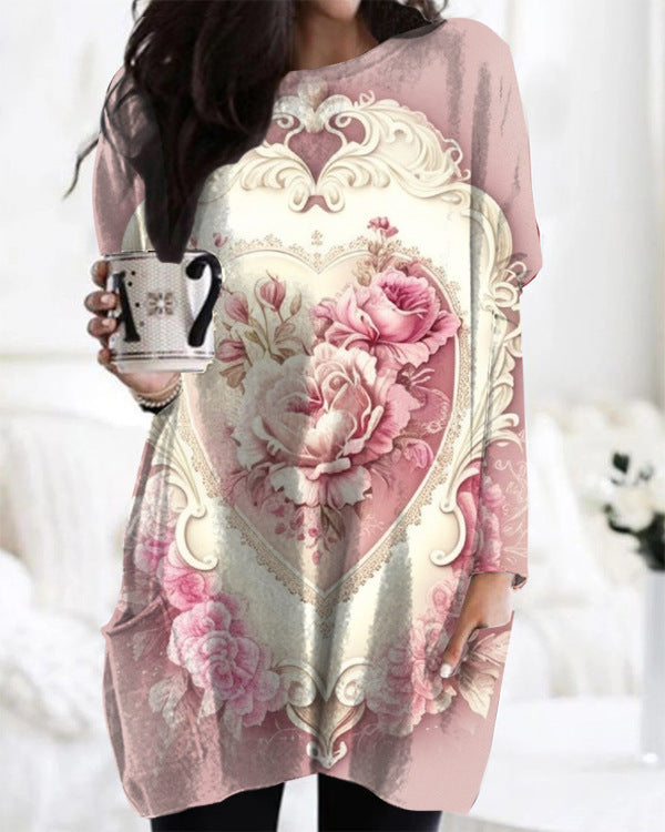 Picasso-style Casual Mid-length Loose-fitting Womens Dress With A Crew Neck