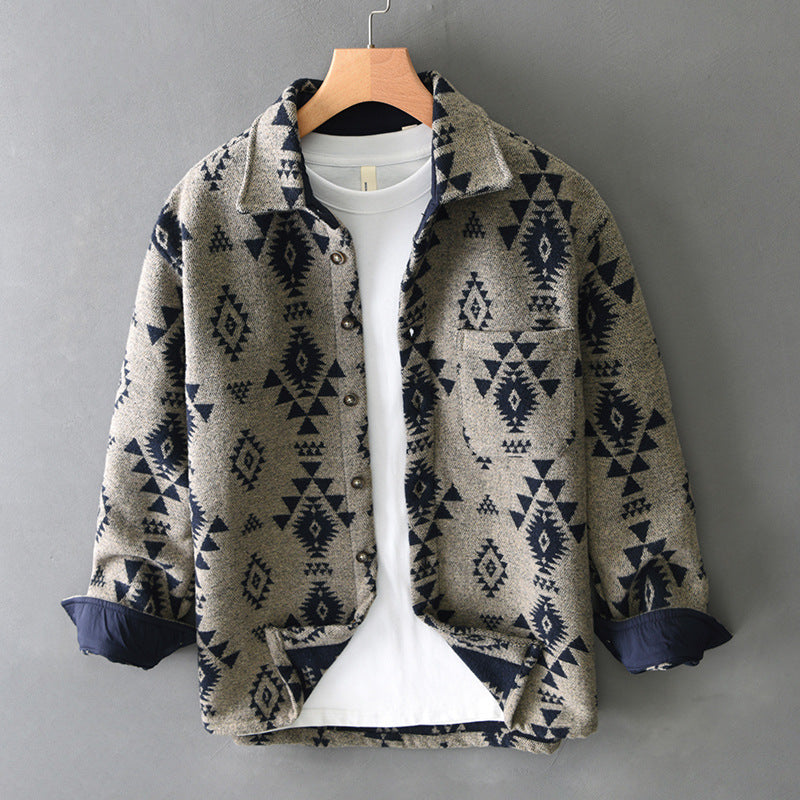 Men's Autumn New Retro Jacquard Woolen Long Sleeves Casual Shirt