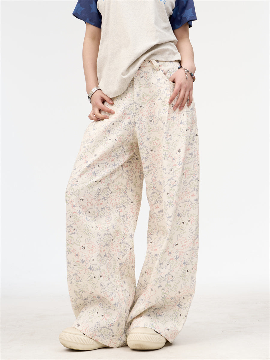 Female American Retro White Printed Graffiti Wide Leg Jeans