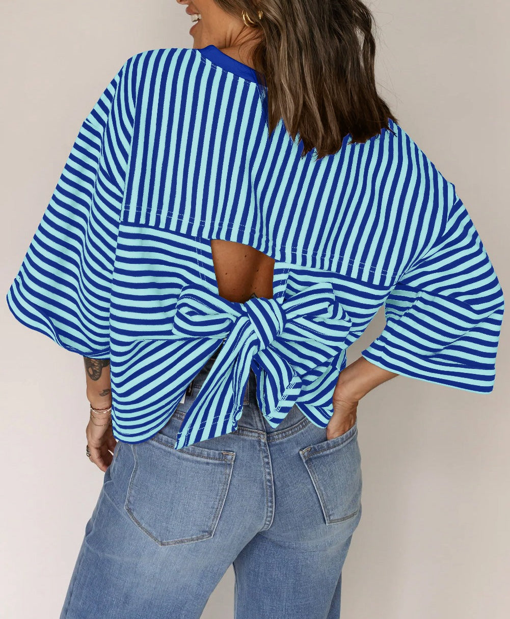 Womens Crew-Neck Striped Knitted Top With Back Tie Bow