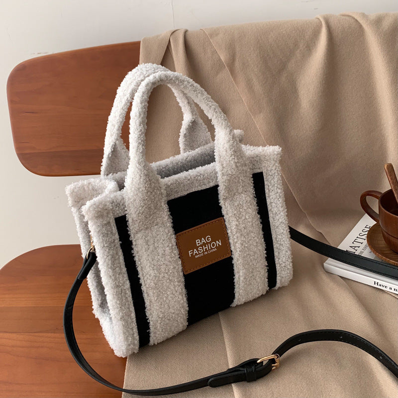 Dame Håndtaske Skuldertaske Crossbody Taske i Lammeuld med Farvekontrast