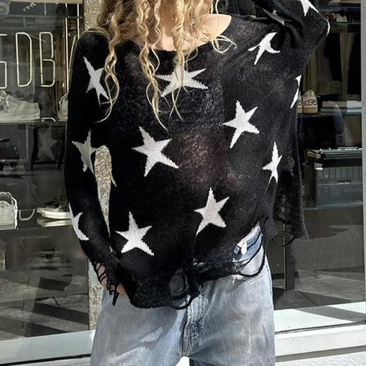 European And American Style Street Hot Girl Ripped Five-pointed Star Sweater