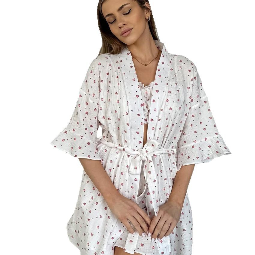 Heart-printed Pure Cotton Pajama Set Featuring Long-sleeve Tube Top And Shorts