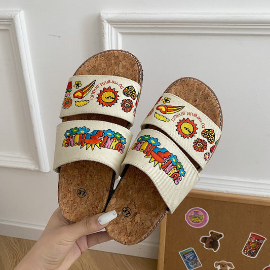 Women's Cork Sole Summer Embroidered Sandals
