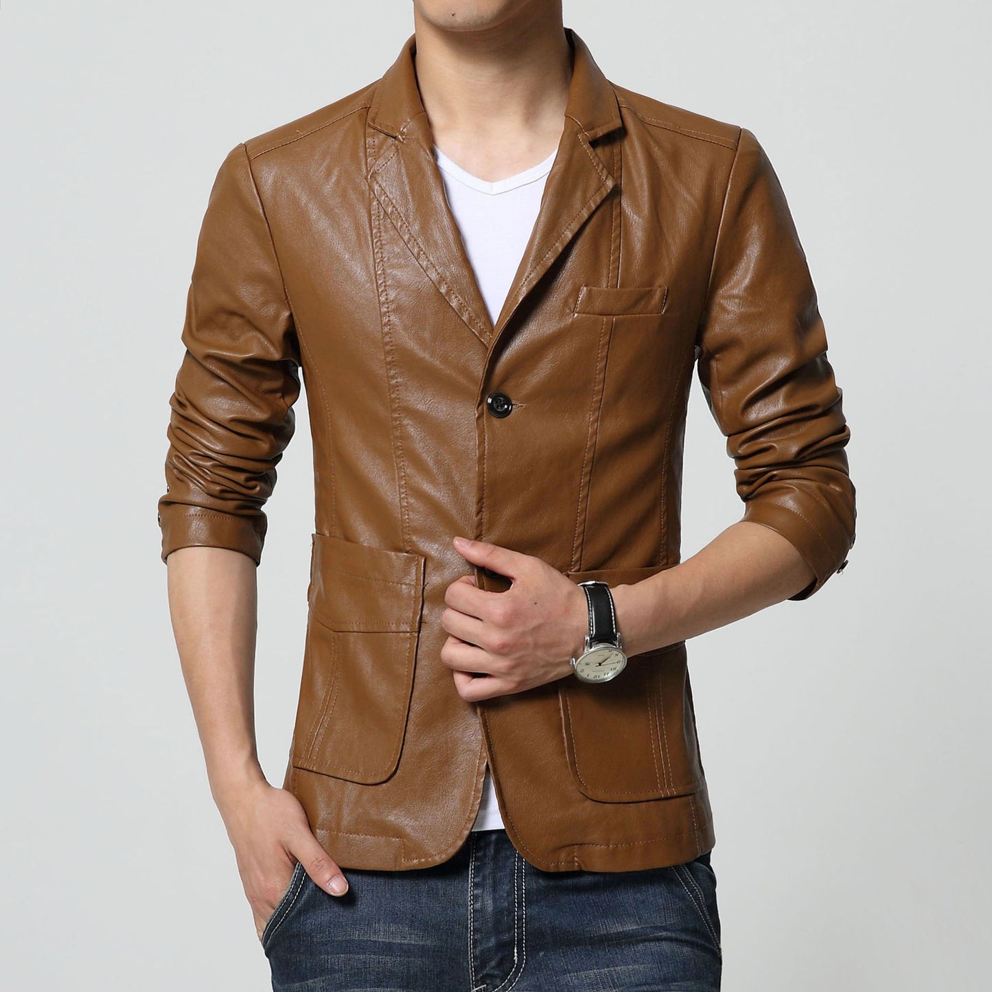 Men's Large Leather Suit Thin Slim Top