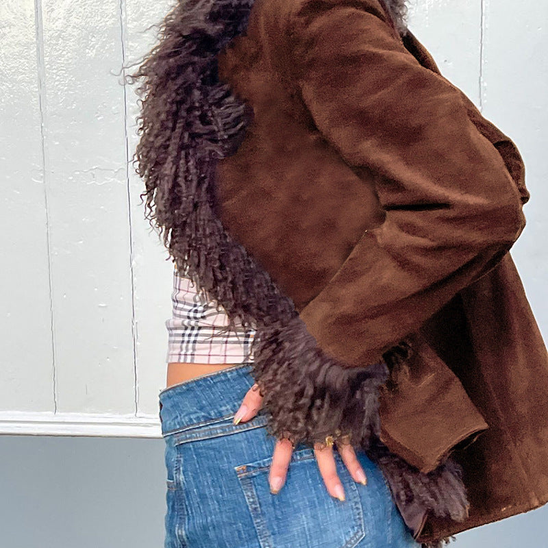 Women's Plush Stitching Cardigan Long-sleeved Jacket