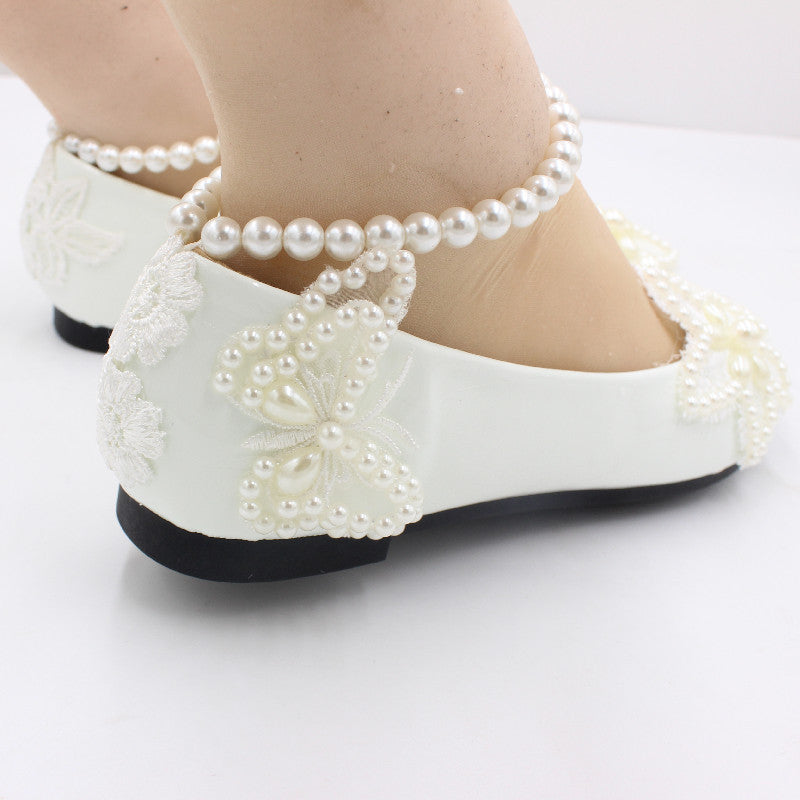 White Flat Bottom Butterfly Bead Chain Shoes