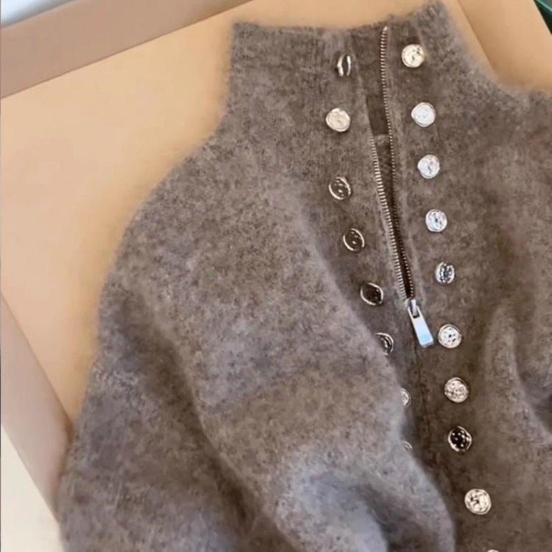 Thickened Lazy Zipper Collar Sweater Coat For Women