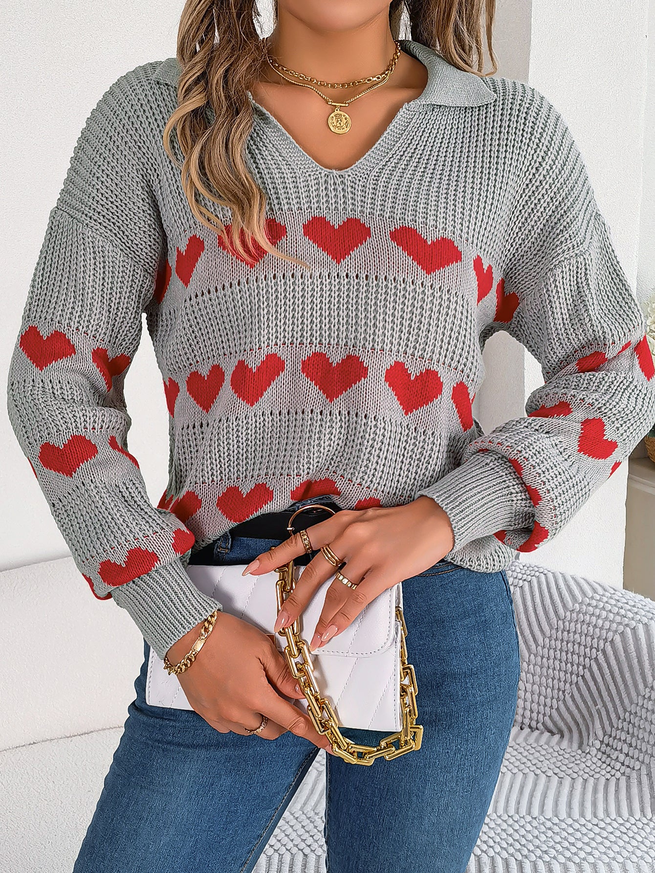 Women Casual V-Neck Lantern Sleeve Color Block Heart Pullover Sweater