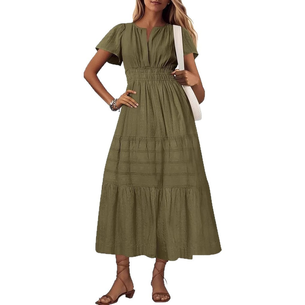 Vneck Pleated Puff Sleeve Layered Maxi Dress For Women
