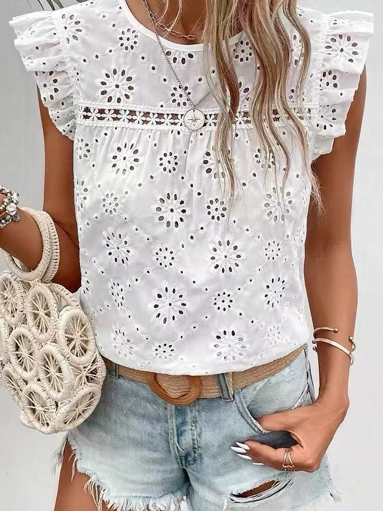 Women's Ruffled Sleeveless T-shirt Fashion Hollowed-out Pullover