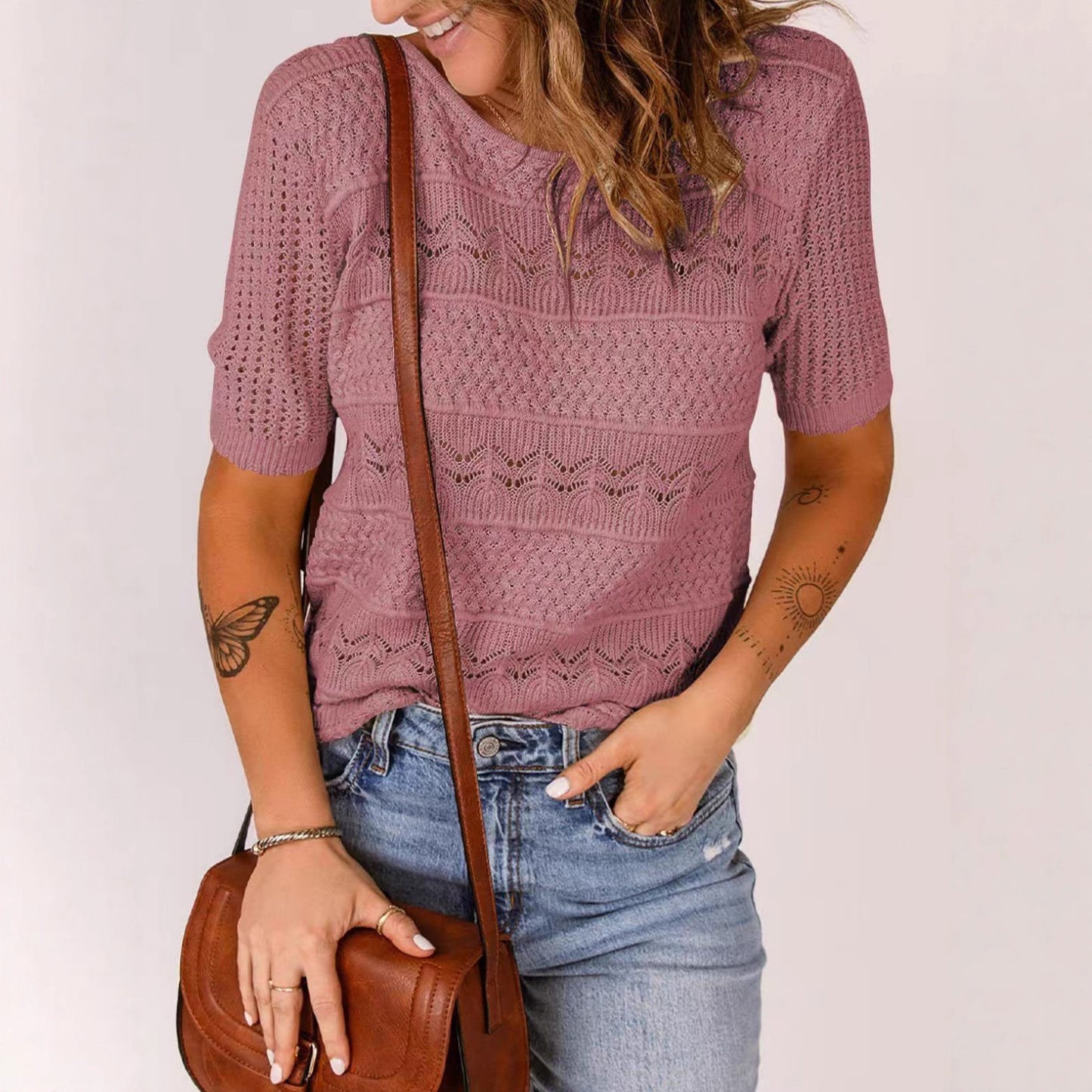 Womens Fashionable Casual Crew-neck Hollow-out Short-sleeve Top
