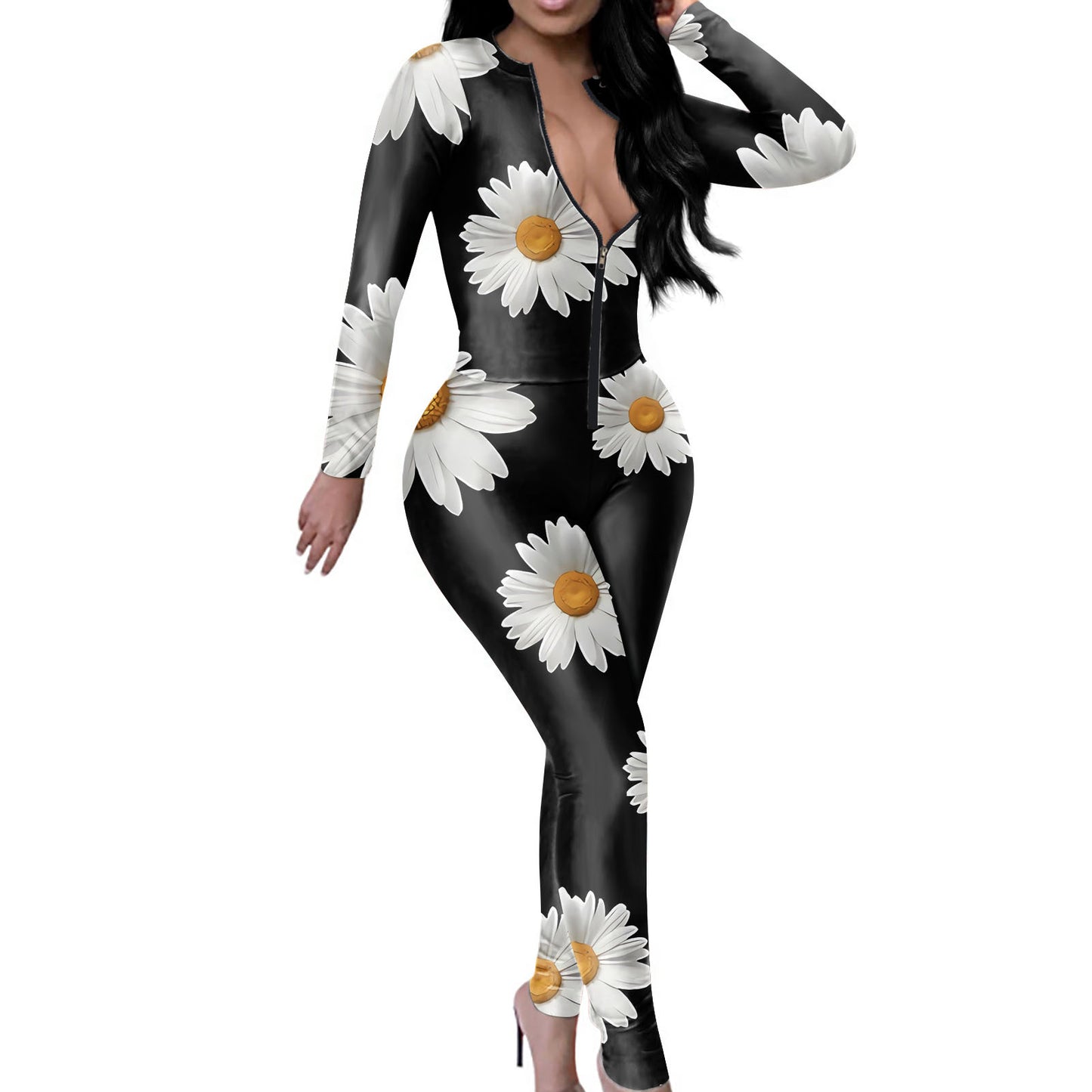 Women's Sunflower Printed Tight V-neck Jumpsuit