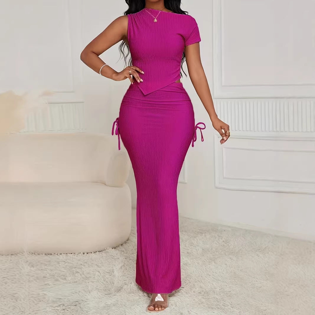 European And American-style Summer Slim-fit Fishtail Asymmetrical Top And Lace-up Maxi Skirt Set