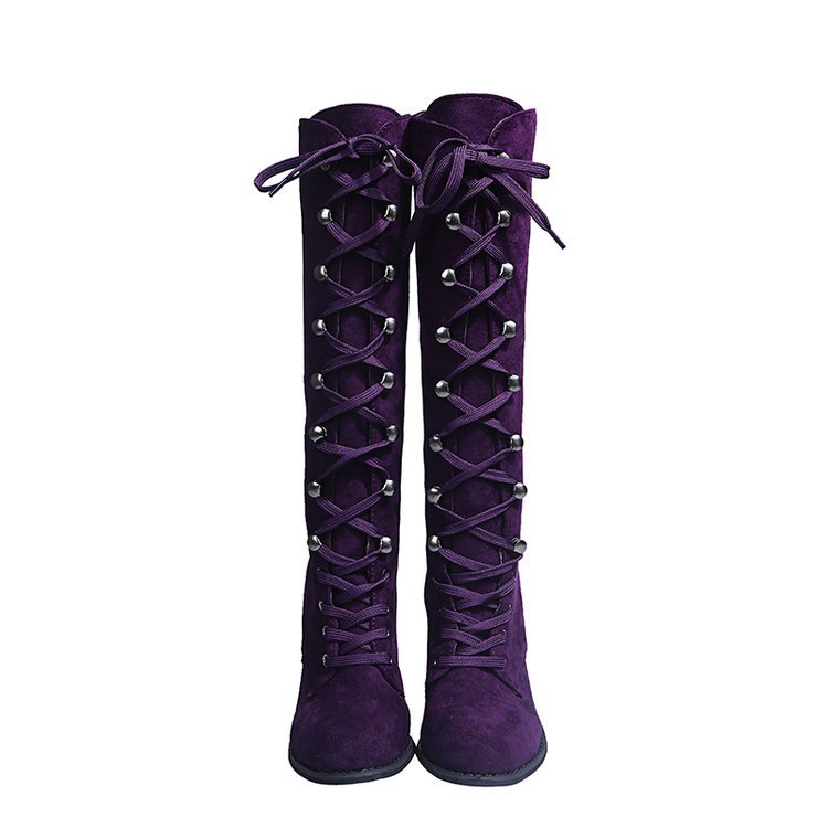 Winter New High Solid Color Thick Heel Round Head Lace-up Knight Boots Fashion High Heel Boots