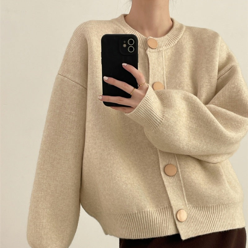 Round Neck Solid Color Loose Knitted Cardigan Women's Autumn And Winter