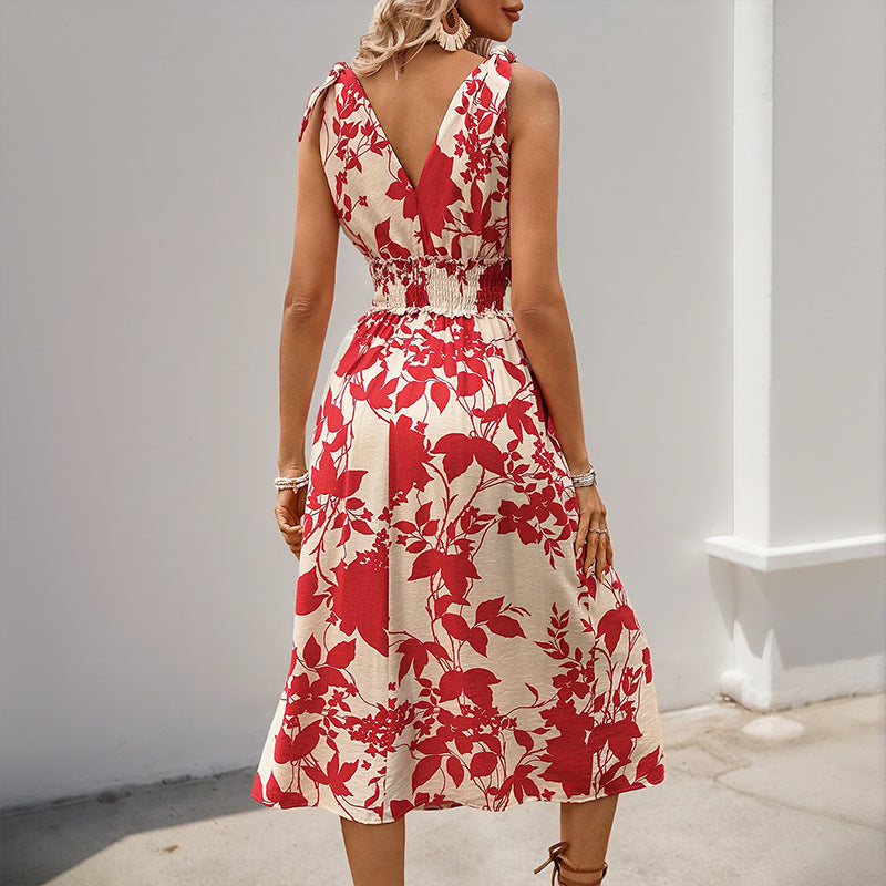 Sleeveless Red Floral-print Dress With A Bow Detail