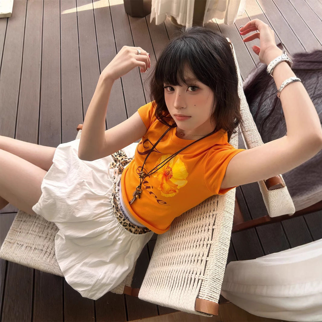All-matching Summer Orange Printed Short Sleeve
