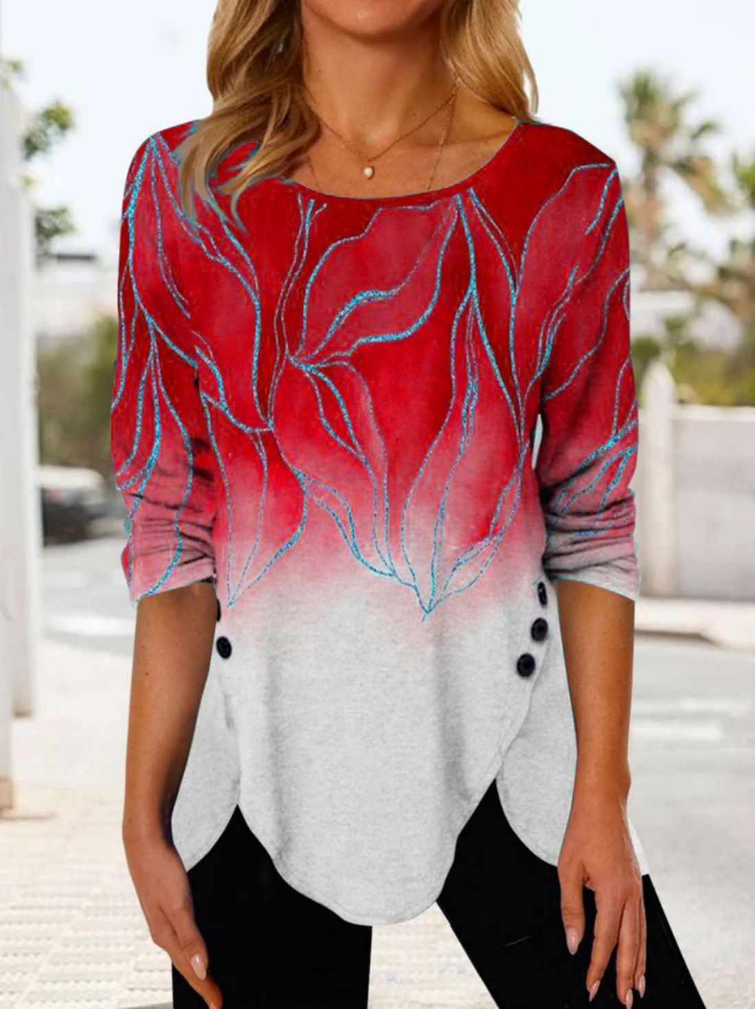 Printed Buttons Irregular Hem Crew Neck Mid Sleeve T-Shirt