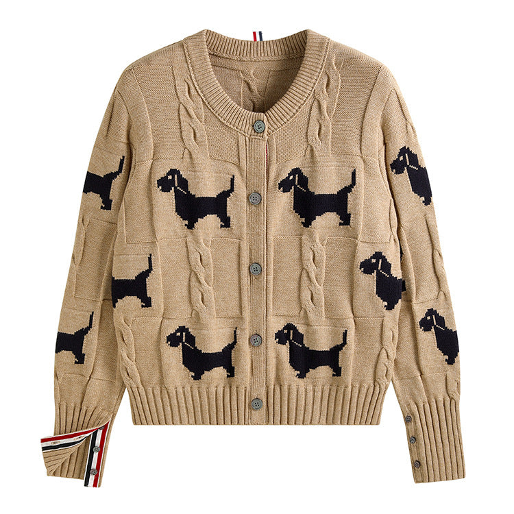 Design Dog Jacquard Twist Lazy Round Neck Knitted Cardigan