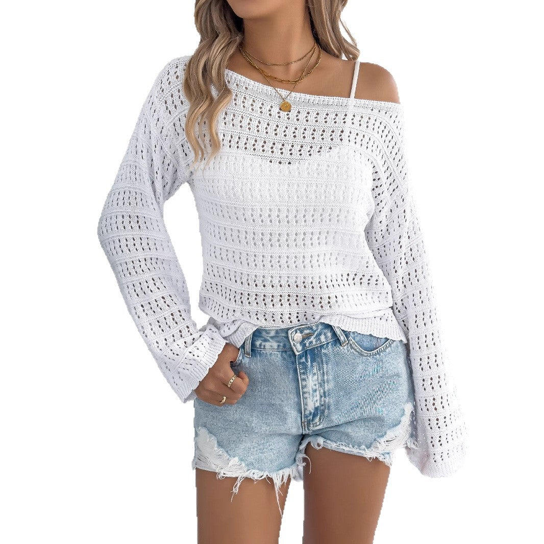 Off-neck Hollow-out Long-sleeved Sweater Casual Loose Jacket