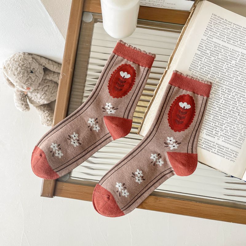 Women's Retro Autumn Simplicity All-match Flower Tube Socks Combed Cotton
