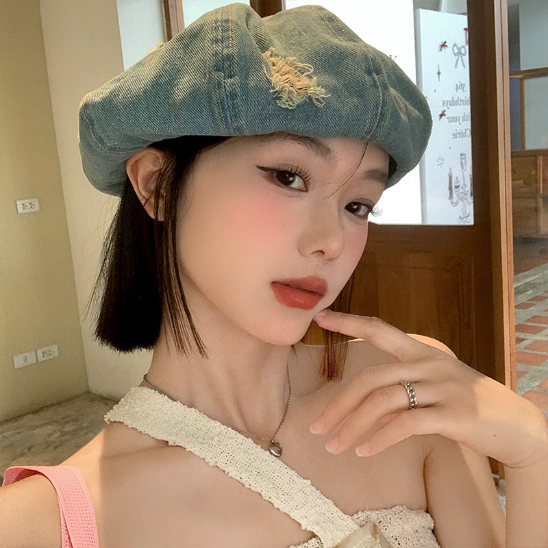 Korean Retro Make Old Ripped Denim Beret