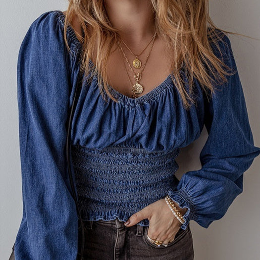 Dame V-hals denim langærmede toppe