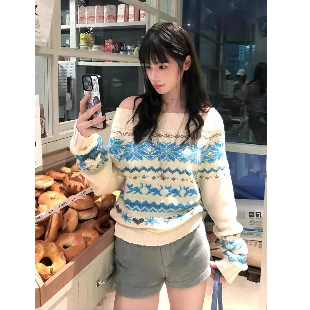 Off-shoulder Sweater Women's Vintage Knit Top