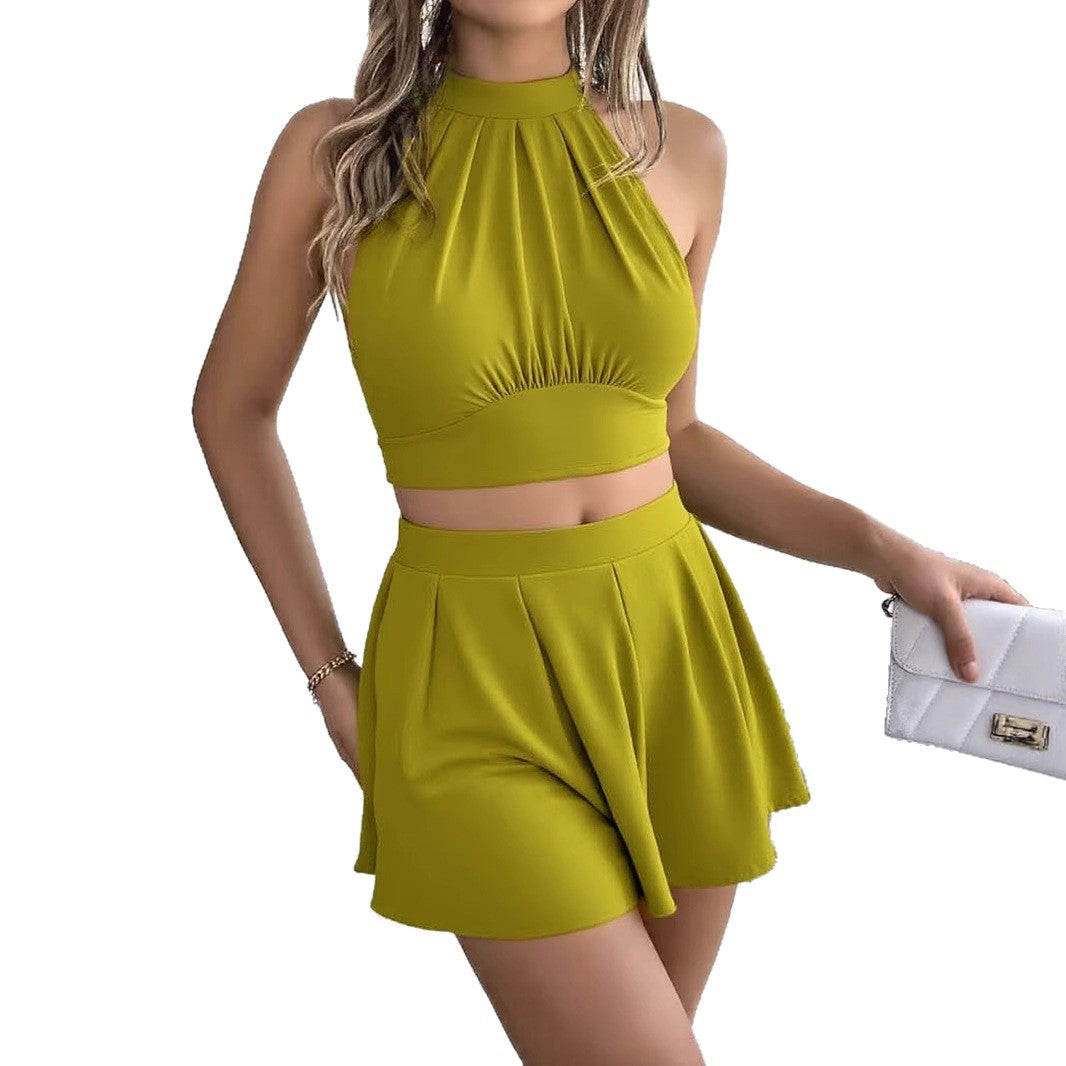 Solid-color Camisole And Halterneck Shorts Set For European And American Styles