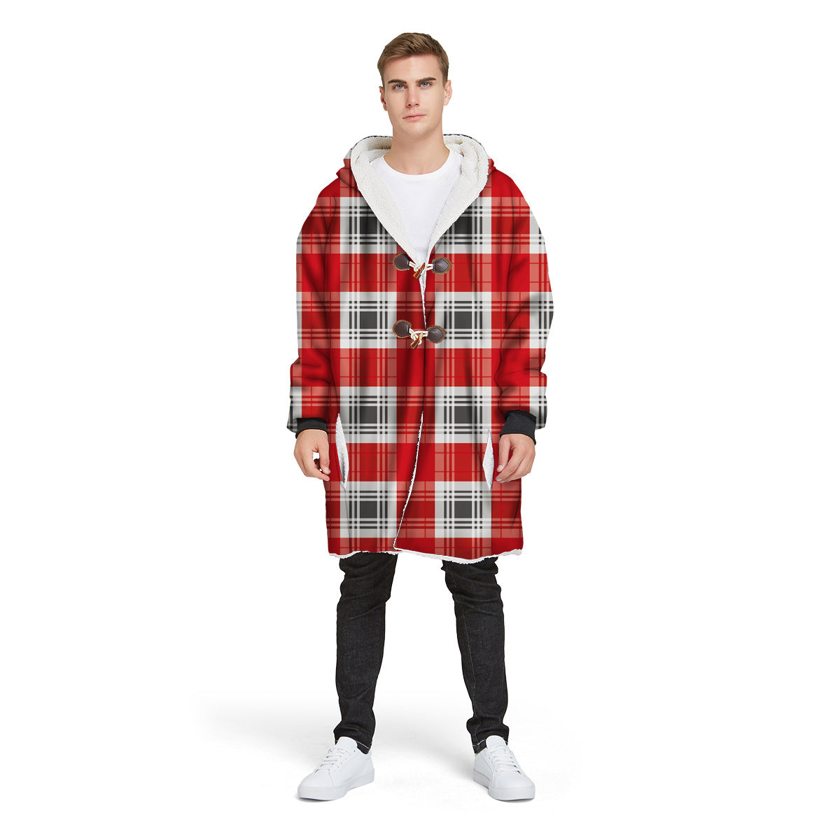 Fashion Plaid Men's Digital Printed Long Hooded Jacket