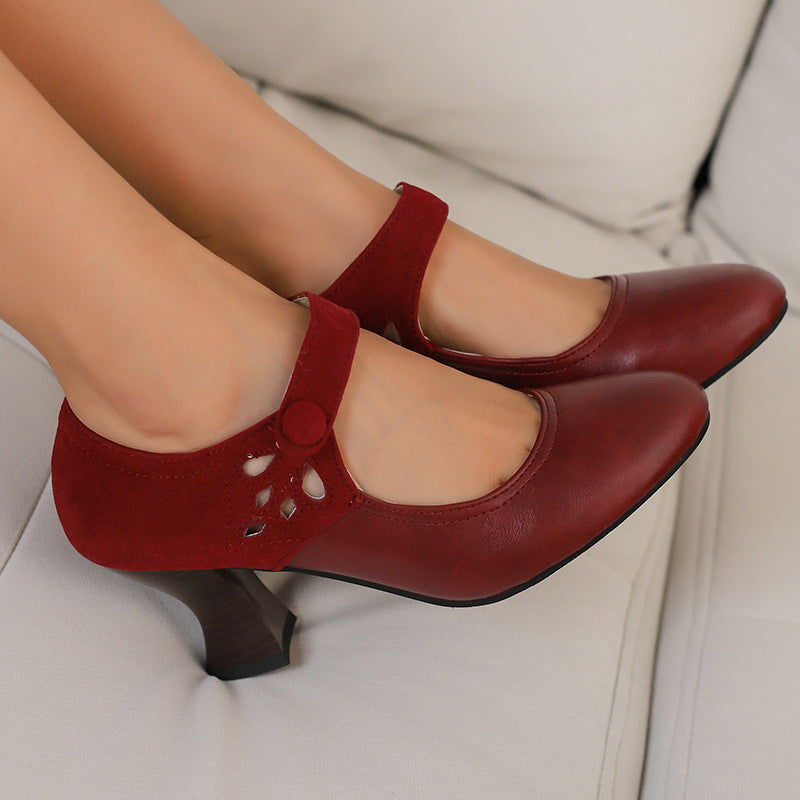 Buckle Spring And Autumn Women's Shoes Round Head Chunky Heel Shoes