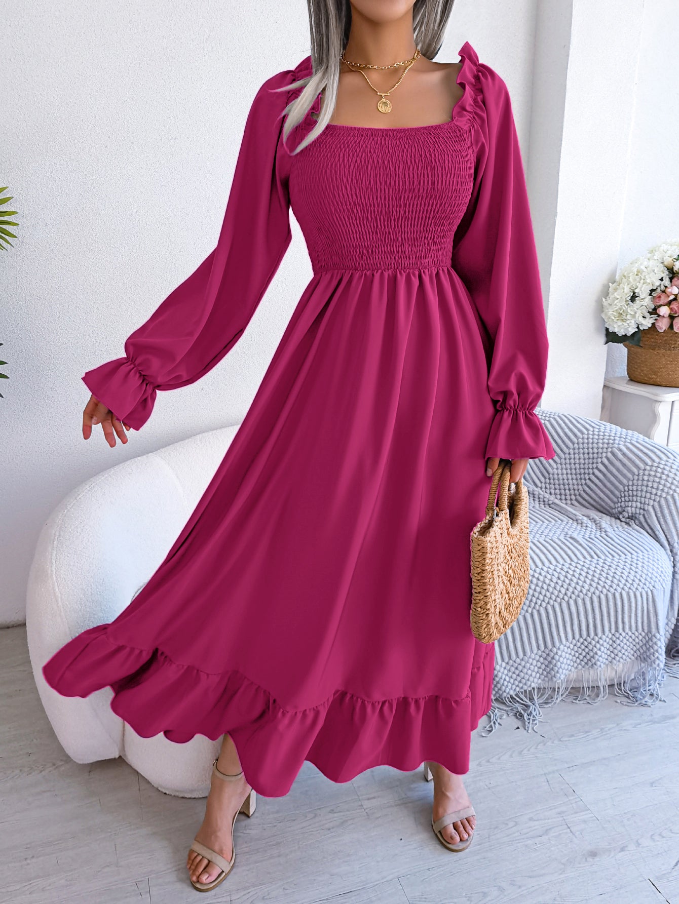 Women's Casual Square Neck Bell Sleeve Flowy Ruffle Maxi Dress