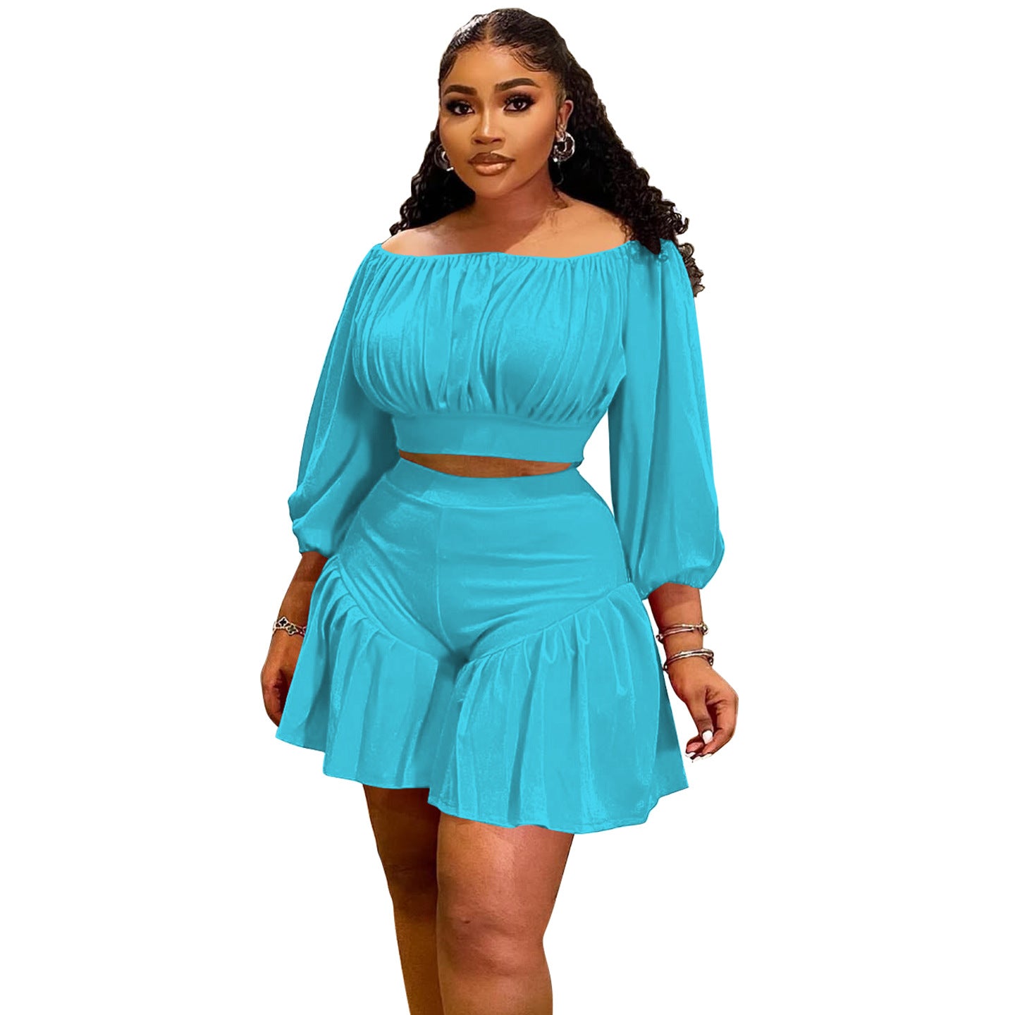 Pleated One-shoulder Puff Waist-casual Two-piece Set