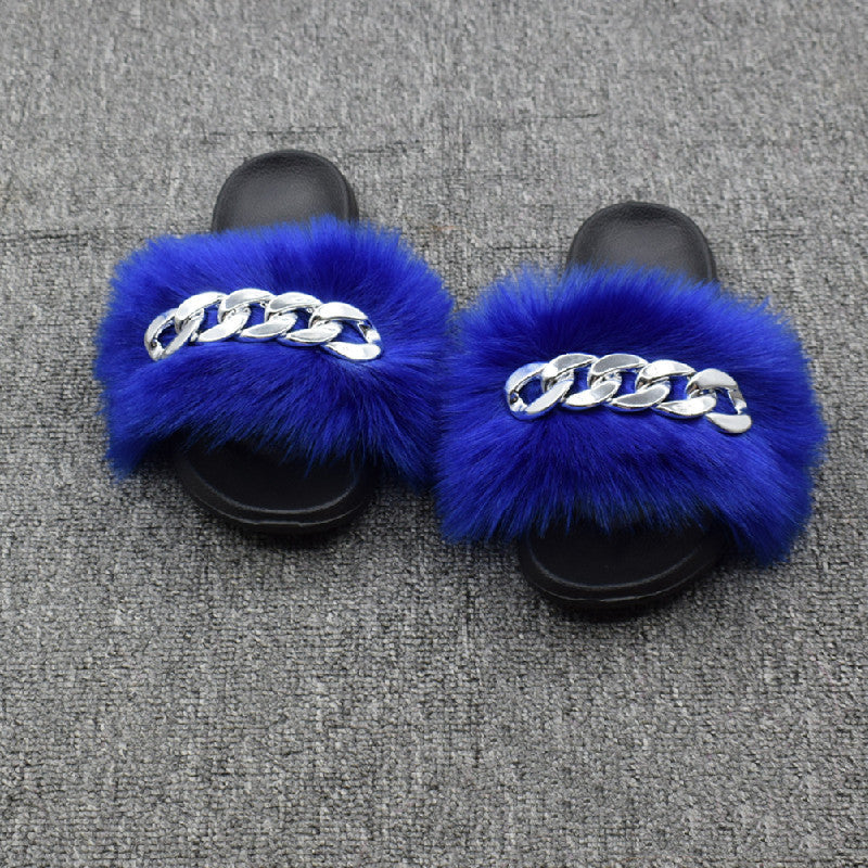 Fur Fur Slippers Chain Faux Fur Flip Flops