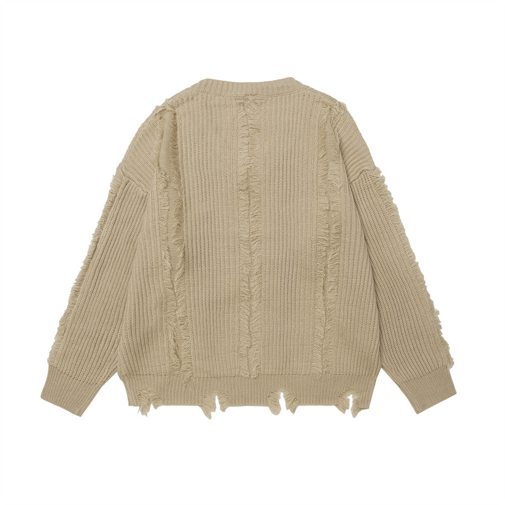 Butterfly Destroyed Frayed Knitted Worn Design V-neck Sweater