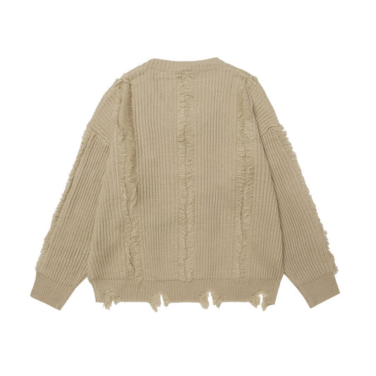 Butterfly Destroyed Frayed Knitted Worn Design V-neck Sweater