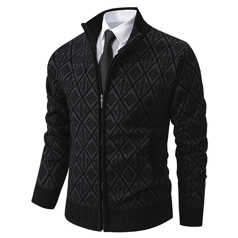 Fall Winter Men Fleece-lined Thickening Stand Collar Sweater Korean Style Casual Zipper Sweater Coat