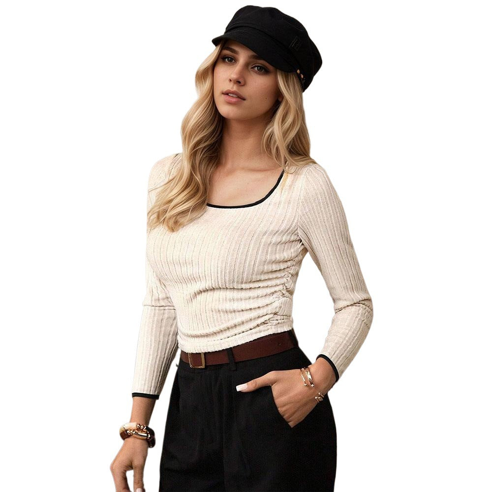 Retro Color-block Square Neckline Regular Shoulder Long Sleeve T-shirt