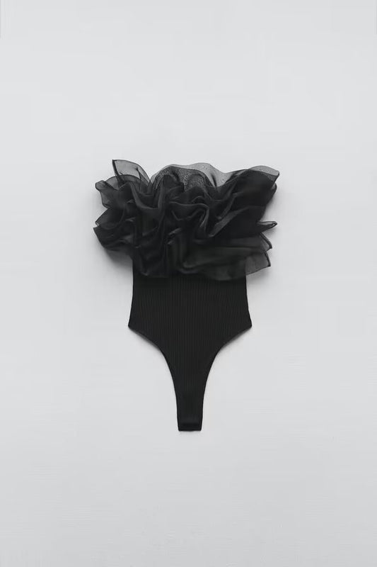 Strapless Straight Collar Transparent Organza Laminated Decoration Rib Jumpsuit