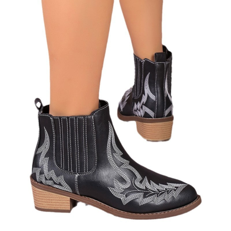 Women's Martin Vintage Pointed Toe Chunky Heel Embroidered Ankle Boots