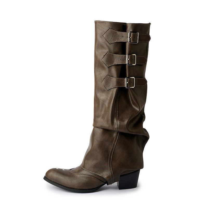 Spice Girl-style Boot-cut Boots Distressed Vintage Stacked Boots With Studs