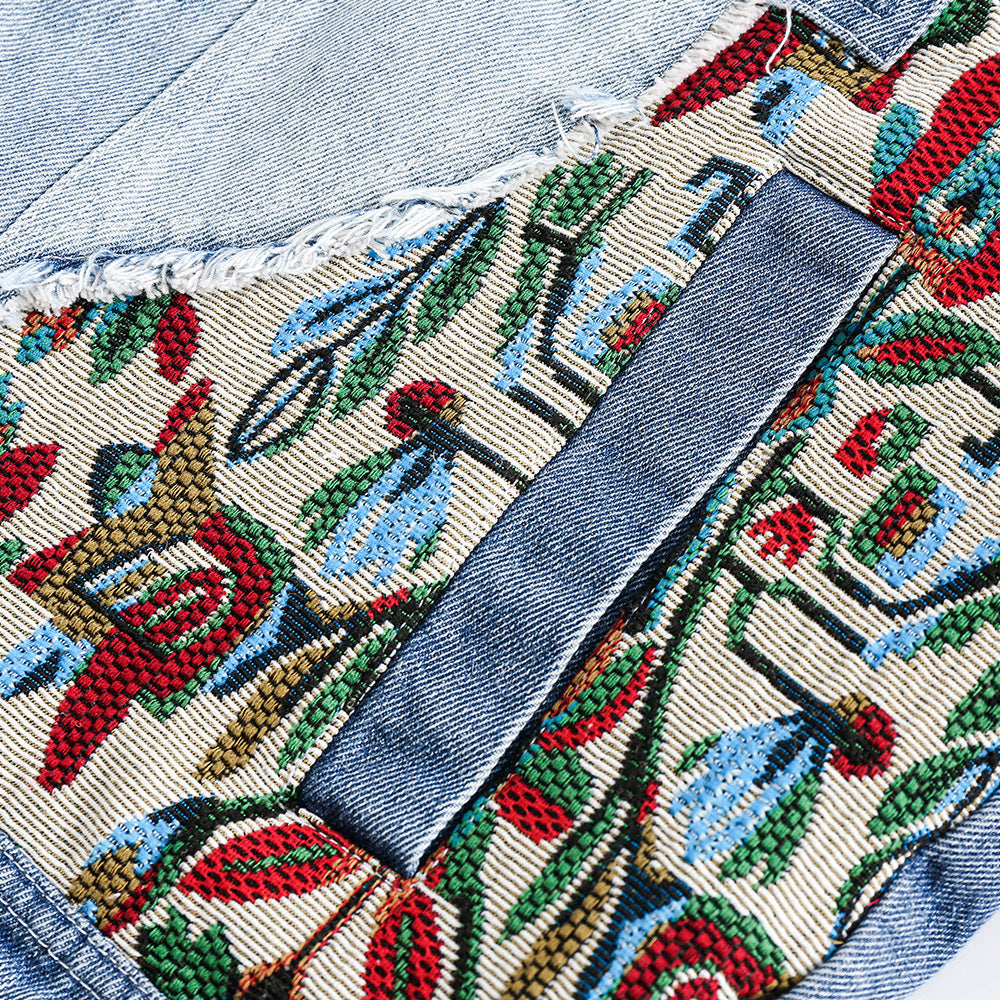 Stitching Embroidery Frayed Hem Denim Jacket Men