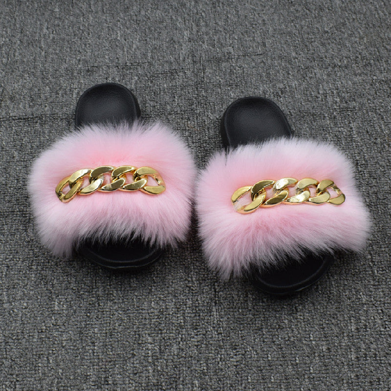 Fur Fur Slippers Chain Faux Fur Flip Flops