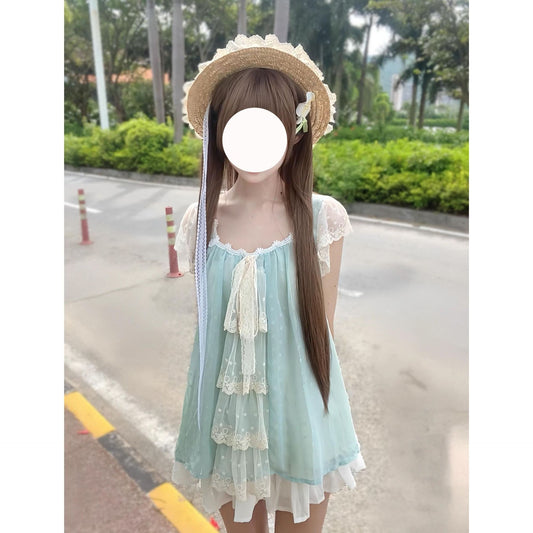 Lace Mesh bow French Top Elastic Waist White Mini Skirt Set Women